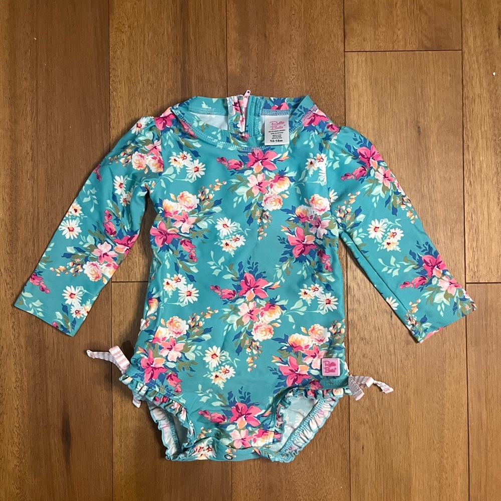Ruffle Butts Teal and Pink Floral Swimsuit